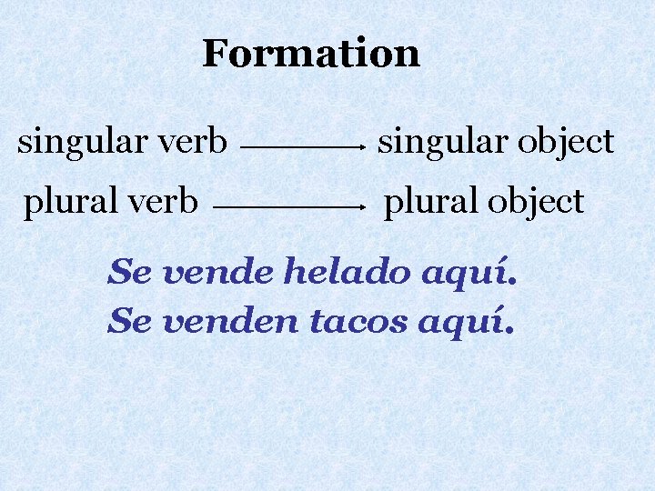 Formation singular verb singular object plural verb plural object Se vende helado aquí. Se