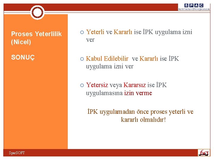 Proses Yeterlilik (Nicel) SONUÇ Yeterli ve Kararlı ise İPK uygulama izni ver Kabul Edilebilir Proses Yeterlilik (Nicel) SONUÇ Yeterli ve Kararlı ise İPK uygulama izni ver Kabul Edilebilir