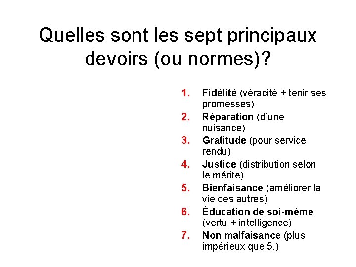 Quelles sont les sept principaux devoirs (ou normes)? 1. 2. 3. 4. 5. 6. Quelles sont les sept principaux devoirs (ou normes)? 1. 2. 3. 4. 5. 6.
