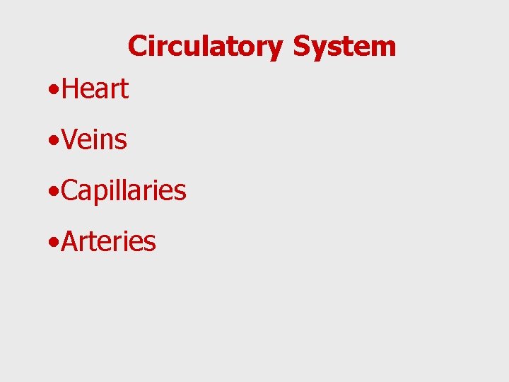 Circulatory System • Heart • Veins • Capillaries • Arteries 