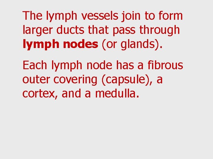 The lymph vessels join to form larger ducts that pass through lymph nodes (or