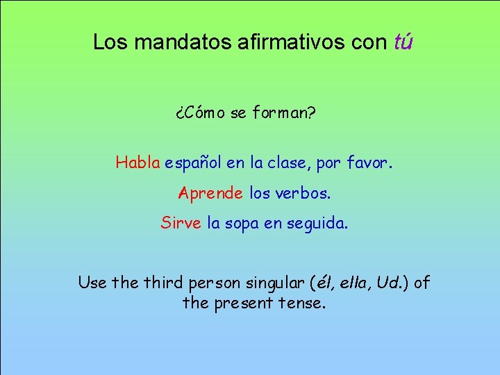 Los mandatos afirmativos con tú ¿Cómo se forman? Habla español en la clase, por