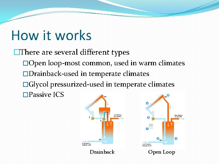 How it works �There are several different types �Open loop-most common, used in warm