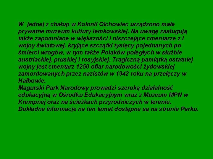 W jednej z chałup w Kolonii Olchowiec urządzono małe prywatne muzeum kultury łemkowskiej. Na