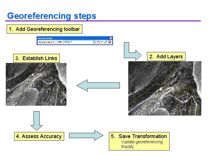 Georeferencing steps 1. Add Georeferencing toolbar 3. Establish Links 4. Assess Accuracy 2. Add