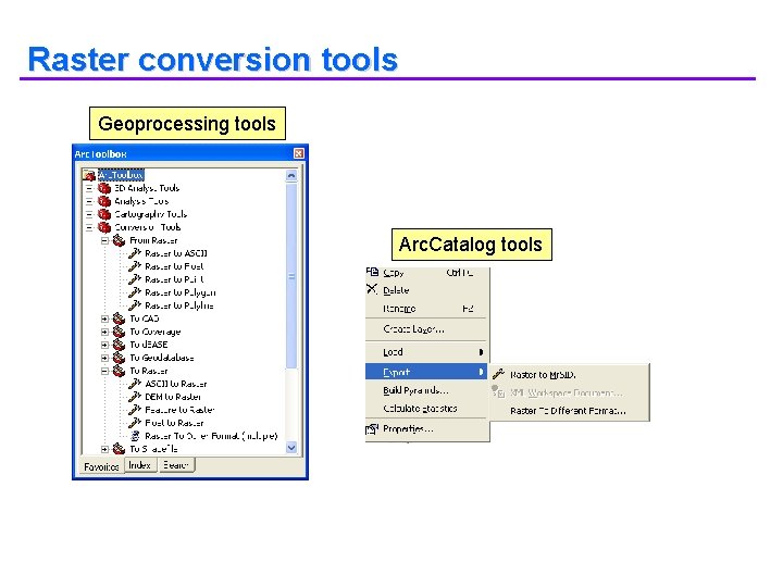 Raster conversion tools Geoprocessing tools Arc. Catalog tools 
