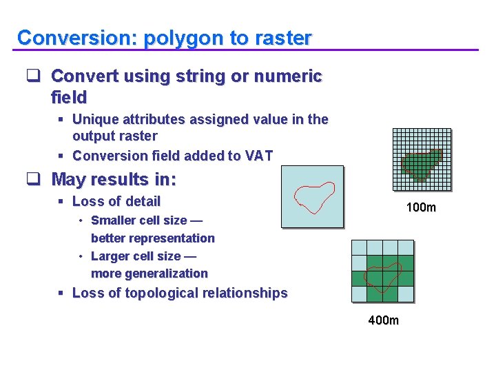 Conversion: polygon to raster q Convert using string or numeric field § Unique attributes