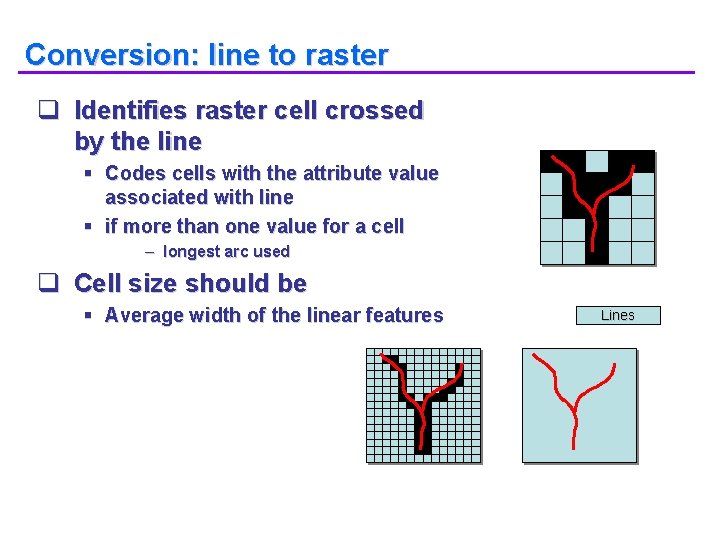 Conversion: line to raster q Identifies raster cell crossed by the line § Codes