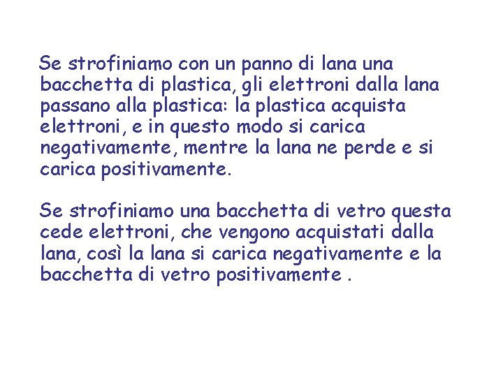Se strofiniamo con un panno di lana una bacchetta di plastica, gli elettroni dalla