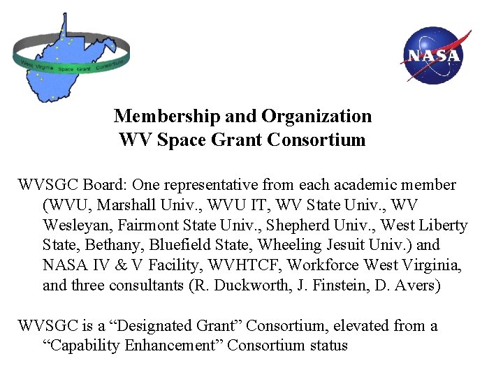 Membership and Organization WV Space Grant Consortium WVSGC Board: One representative from each academic