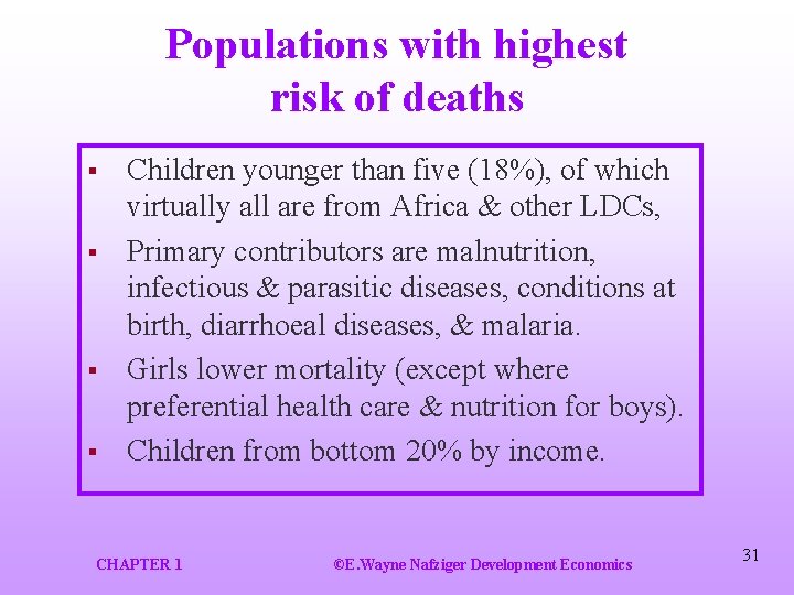Populations with highest risk of deaths § § Children younger than five (18%), of