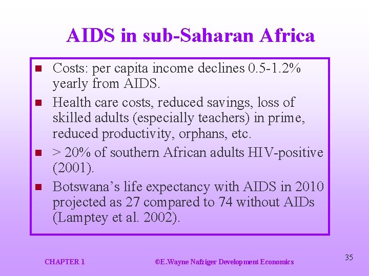 AIDS in sub-Saharan Africa n n Costs: per capita income declines 0. 5 -1.