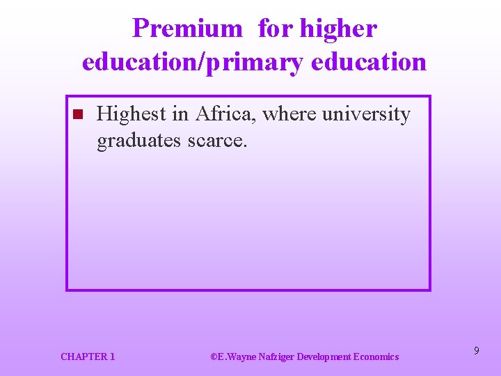 Premium for higher education/primary education n Highest in Africa, where university graduates scarce. CHAPTER