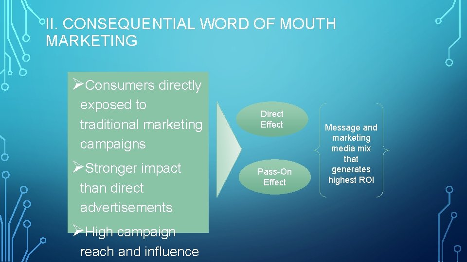 II. CONSEQUENTIAL WORD OF MOUTH MARKETING ØConsumers directly exposed to traditional marketing campaigns ØStronger