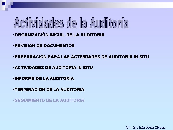  • ORGANIZACIÓN INICIAL DE LA AUDITORIA • REVISION DE DOCUMENTOS • PREPARACION PARA