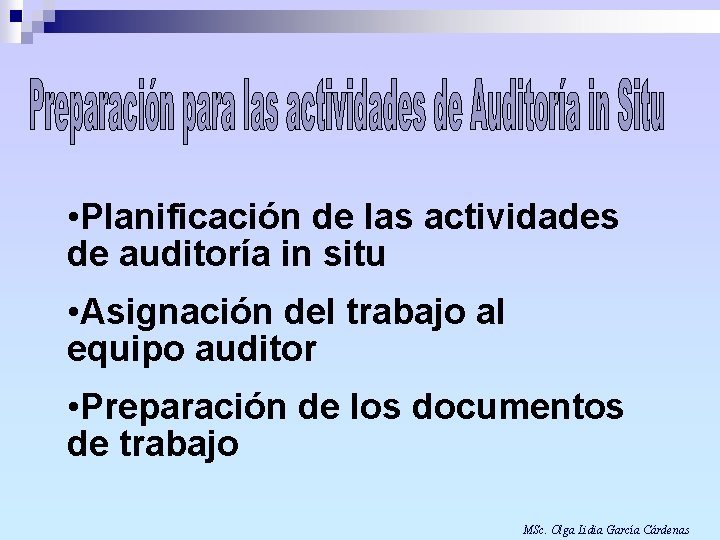  • Planificación de las actividades de auditoría in situ • Asignación del trabajo