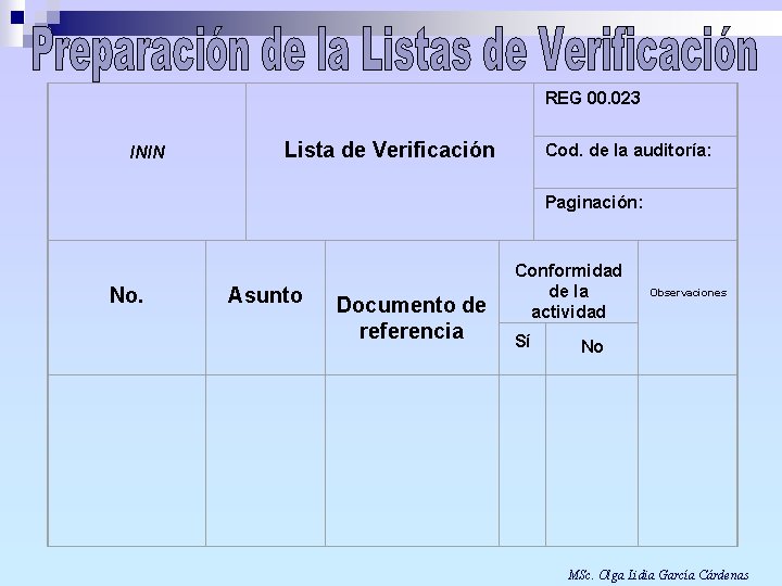 REG 00. 023 ININ Lista de Verificación Cod. de la auditoría: Paginación: No. Asunto