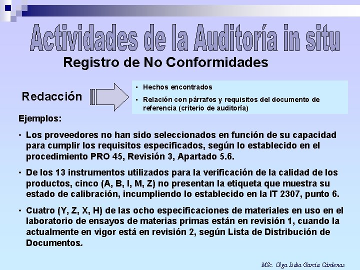 Registro de No Conformidades Redacción • Hechos encontrados • Relación con párrafos y requisitos