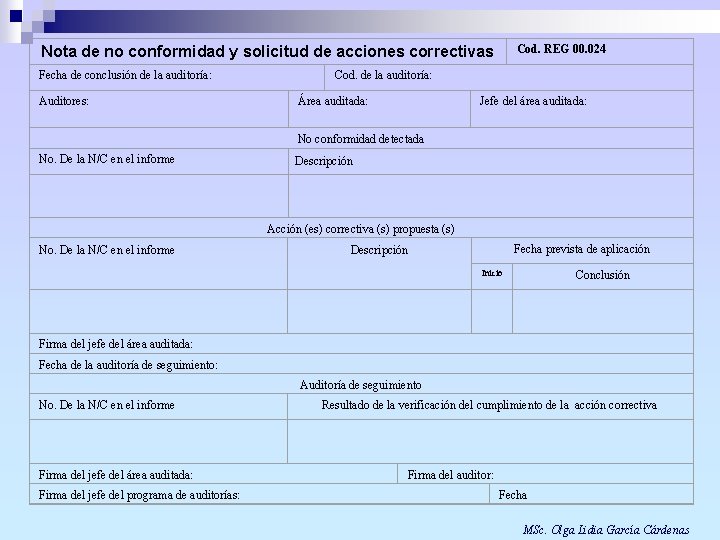 Cod. REG 00. 024 Nota de no conformidad y solicitud de acciones correctivas Fecha