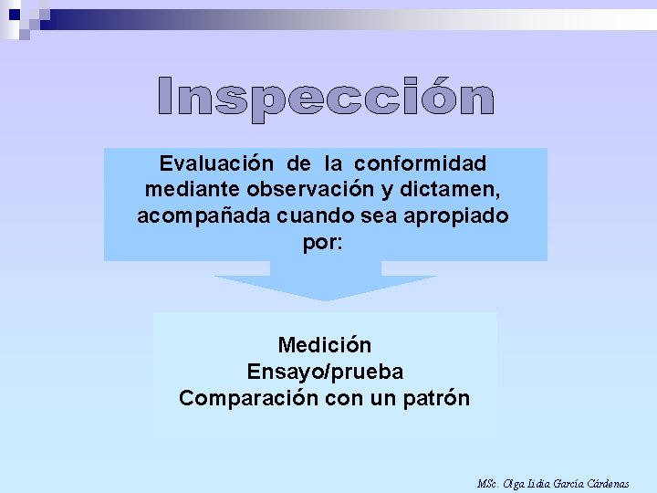 Evaluación de la conformidad mediante observación y dictamen, acompañada cuando sea apropiado por: Medición