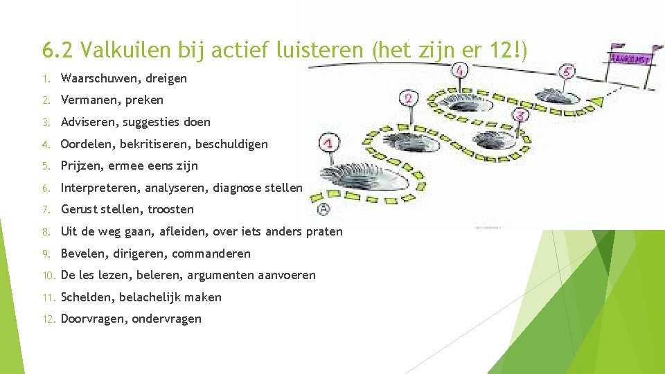 6. 2 Valkuilen bij actief luisteren (het zijn er 12!) 1. Waarschuwen, dreigen 2.