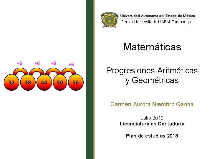 Centro Universitario UAEM Zumpango Matemáticas Progresiones Aritméticas y Geométricas Carmen Aurora Niembro Gaona Julio