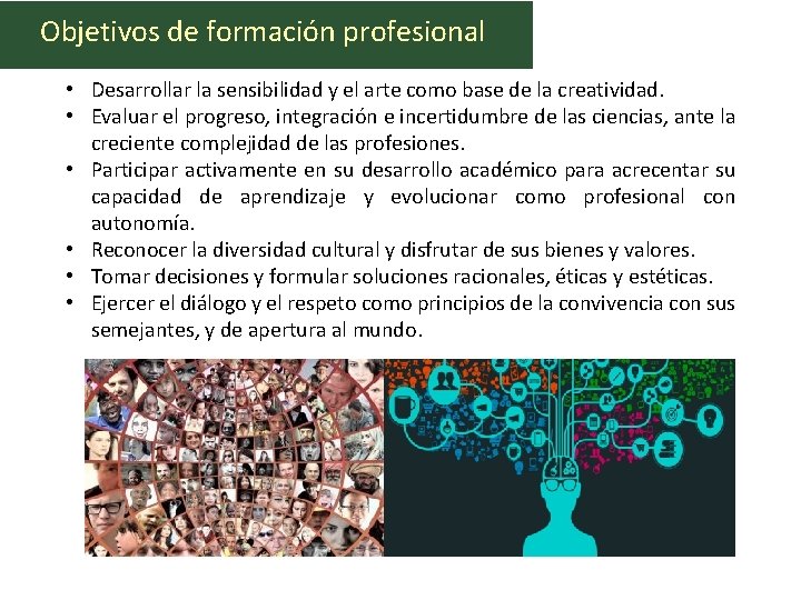 Objetivos de formación profesional • Desarrollar la sensibilidad y el arte como base de