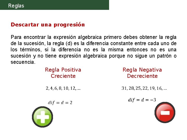 Reglas Descartar una progresión Para encontrar la expresión algebraica primero debes obtener la regla