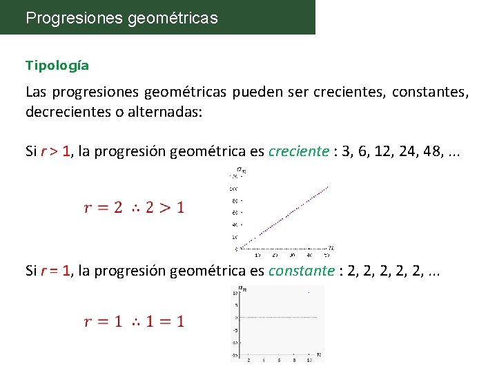 Progresiones geométricas Tipología Las progresiones geométricas pueden ser crecientes, constantes, decrecientes o alternadas: Si