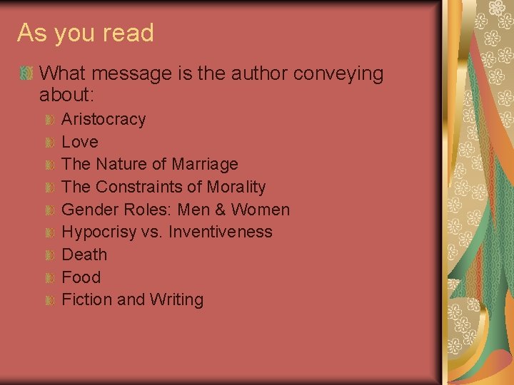 As you read What message is the author conveying about: Aristocracy Love The Nature
