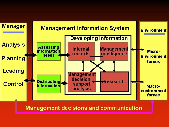 Manager Management Information System Environment Developing information Analysis Planning Assessing information needs Leading Control
