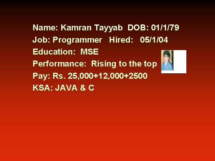 Name: Kamran Tayyab DOB: 01/1/79 Job: Programmer Hired: 05/1/04 Education: MSE Performance: Rising to