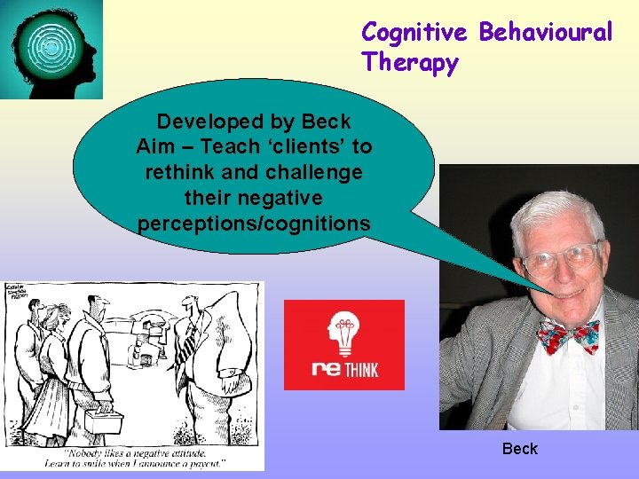 Cognitive Behavioural Therapy Developed by Beck Aim – Teach ‘clients’ to rethink and challenge