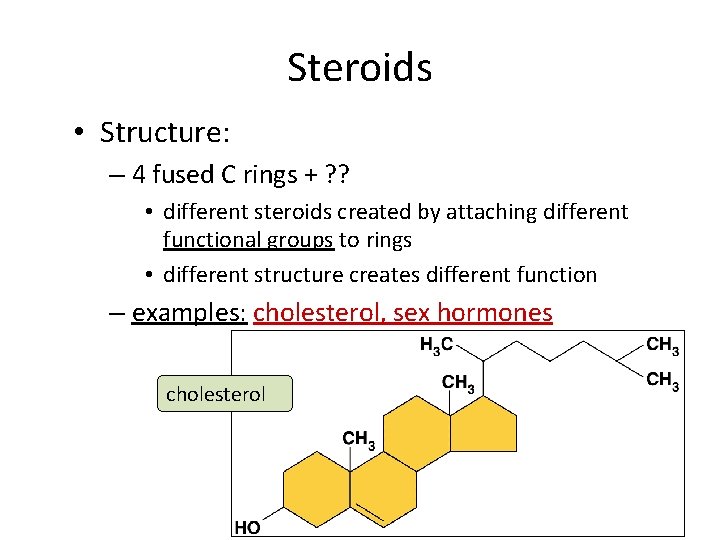 Steroids • Structure: – 4 fused C rings + ? ? • different steroids