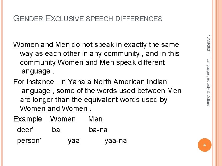 GENDER-EXCLUSIVE SPEECH DIFFERENCES 12/30/2021 Language , Society & Culture Women and Men do not