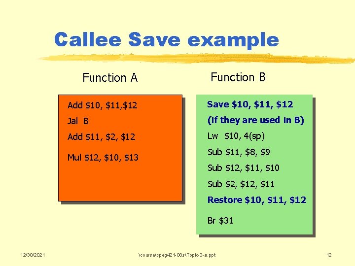 Callee Save example Function A Function B Add $10, $11, $12 Save $10, $11,