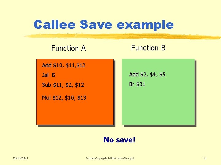 Callee Save example Function A Function B Add $10, $11, $12 Jal B Add