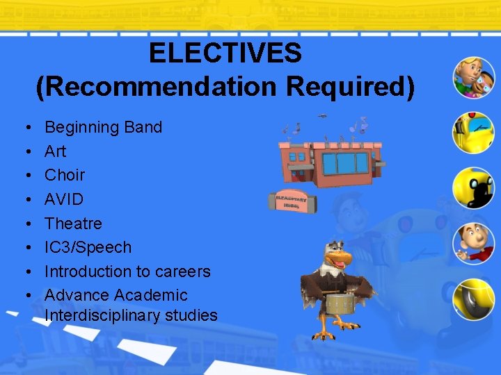 ELECTIVES (Recommendation Required) • • Beginning Band Art Choir AVID Theatre IC 3/Speech Introduction
