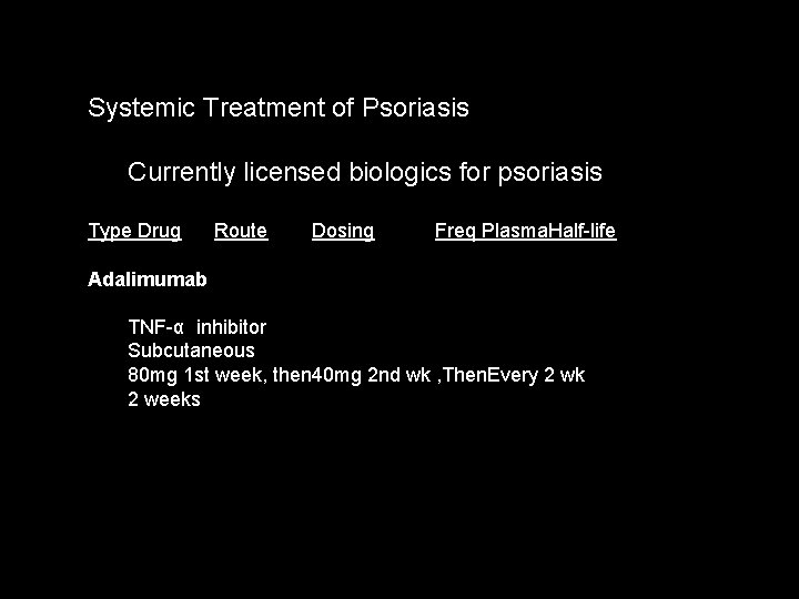 Systemic Treatment of Psoriasis Currently licensed biologics for psoriasis Type Drug Route Dosing Freq