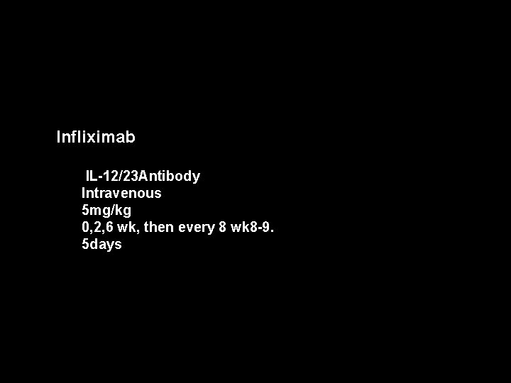 Infliximab IL-12/23 Antibody Intravenous 5 mg/kg 0, 2, 6 wk, then every 8 wk