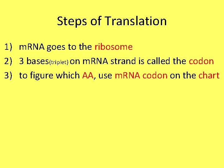 Steps of Translation 1) m. RNA goes to the ribosome 2) 3 bases(triplet) on