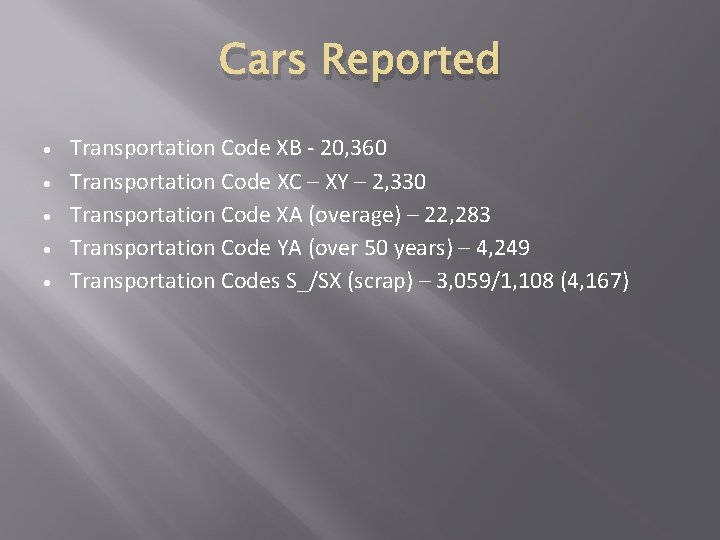 Cars Reported Transportation Code XB - 20, 360 Transportation Code XC – XY – Cars Reported Transportation Code XB - 20, 360 Transportation Code XC – XY –