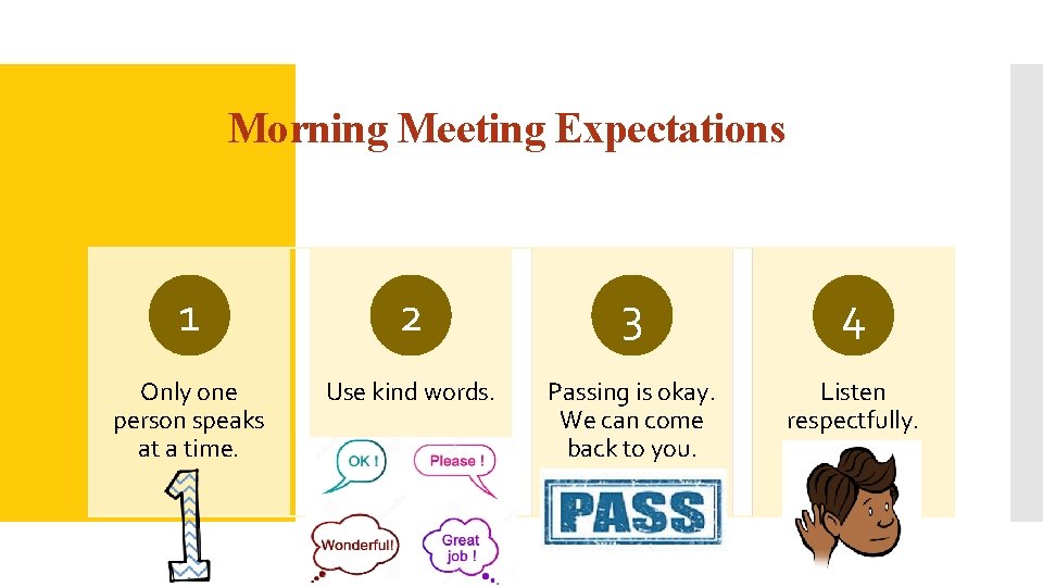 Morning Meeting Expectations 1 2 3 4 Only one person speaks at a time.