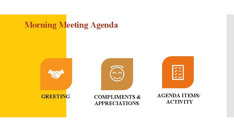 Morning Meeting Agenda GREETING COMPLIMENTS & APPRECIATIONS AGENDA ITEMS/ ACTIVITY 