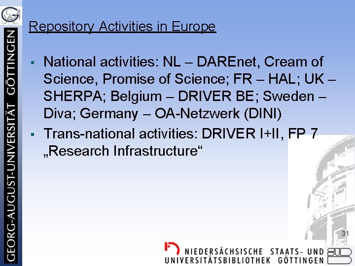 Repository Activities in Europe § § National activities: NL – DAREnet, Cream of Science,