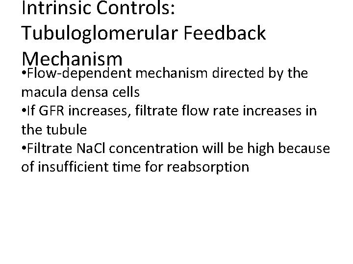 Intrinsic Controls: Tubuloglomerular Feedback Mechanism • Flow-dependent mechanism directed by the macula densa cells Intrinsic Controls: Tubuloglomerular Feedback Mechanism • Flow-dependent mechanism directed by the macula densa cells