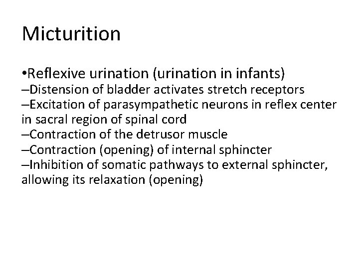 Micturition • Reflexive urination (urination in infants) –Distension of bladder activates stretch receptors –Excitation Micturition • Reflexive urination (urination in infants) –Distension of bladder activates stretch receptors –Excitation