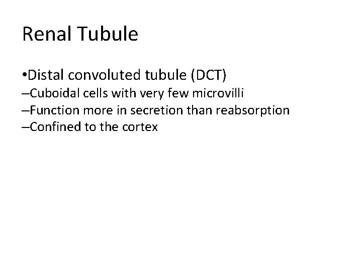 Renal Tubule • Distal convoluted tubule (DCT) –Cuboidal cells with very few microvilli –Function Renal Tubule • Distal convoluted tubule (DCT) –Cuboidal cells with very few microvilli –Function