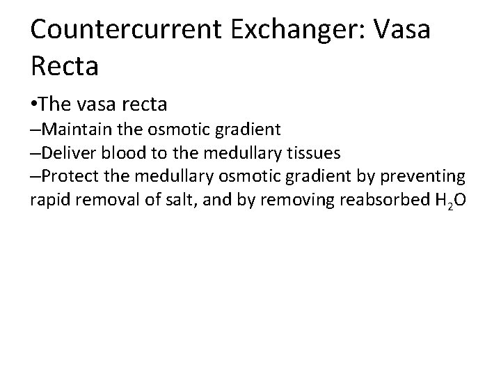 Countercurrent Exchanger: Vasa Recta • The vasa recta –Maintain the osmotic gradient –Deliver blood Countercurrent Exchanger: Vasa Recta • The vasa recta –Maintain the osmotic gradient –Deliver blood