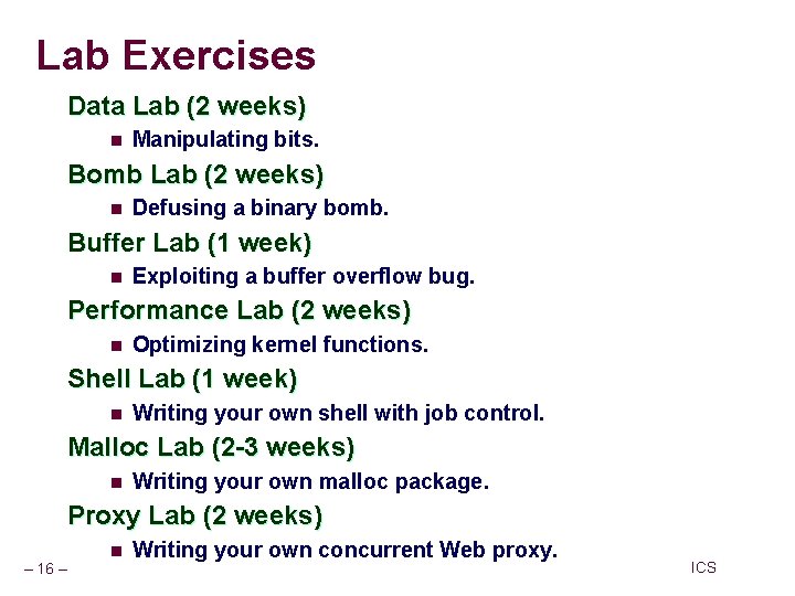 Lab Exercises Data Lab (2 weeks) n Manipulating bits. Bomb Lab (2 weeks) n Lab Exercises Data Lab (2 weeks) n Manipulating bits. Bomb Lab (2 weeks) n